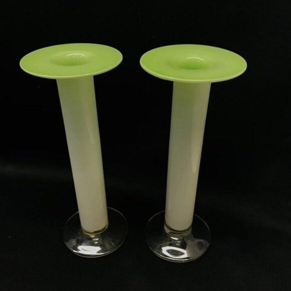 Vintage Gorgeous Designs White Green Glass Candle Holders 10" Tall Set of 2